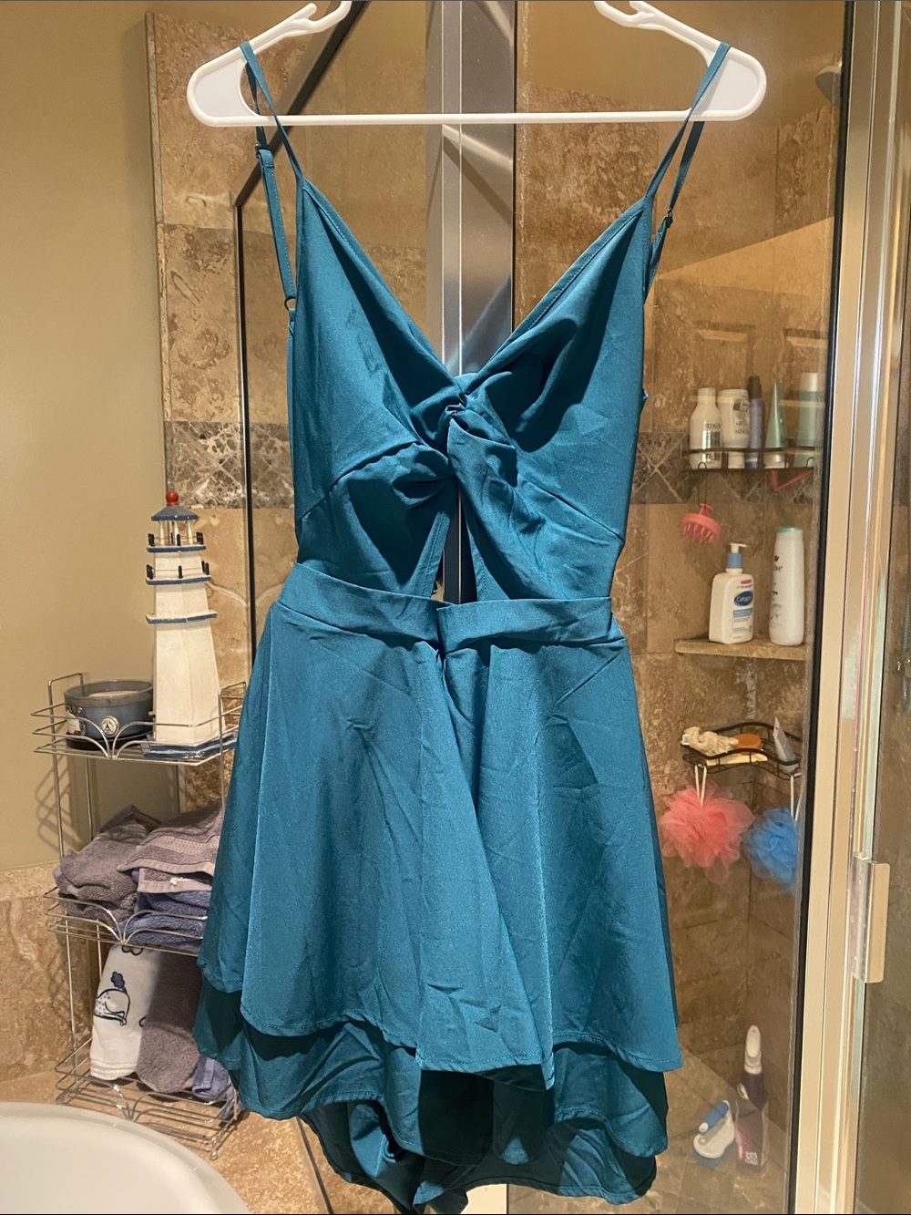 Twist-Back Teal High-Low Satin jumper